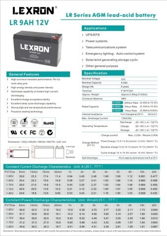 Lexron 12 volt 9 amper kuru tip akü