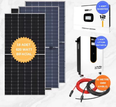 MEXXSUN 12kW Premium 48V Solar Paket Sistem | 51,2V 300Ah LiFePO4 Lityum Akü + ALFA 620W Bifacial Güneş Paneli + 6mm Kablo + Nakliye