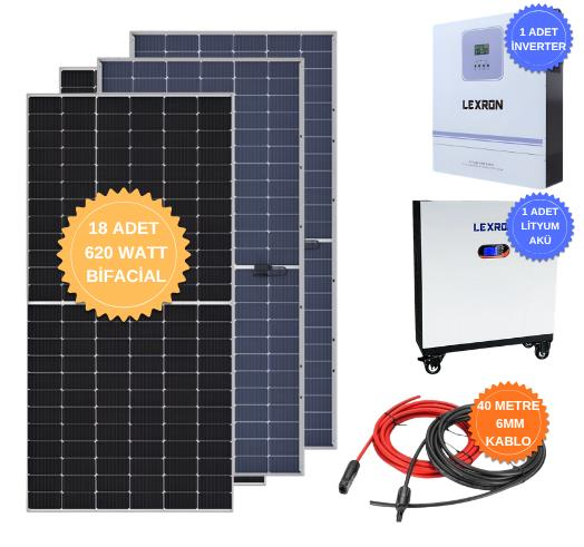 Lexron 11kW 2xMPPT Akıllı İnverter 48V + 51.2V 314Ah Lityum Batarya + 18 Adet Alfa 620W Bifacial Güneş Paneli Solar Paket