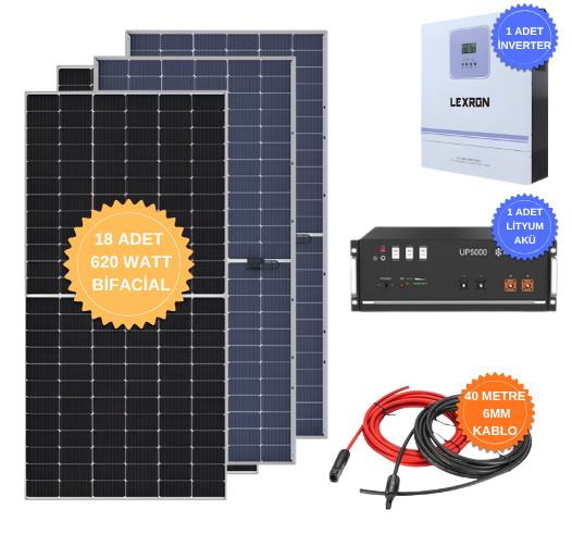 Lexron 11kW HV 2xMPPT Akıllı İnverter 48V Solar Paket | UP5000 Akü, ALFA 620W Bifacial Güneş Paneli, 6mm Kablo, Nakliye