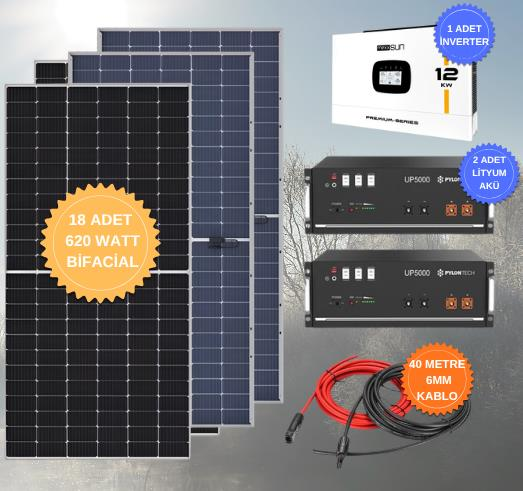 Mexxsun 12kW Premium 48V İnverter + UP5000 Lityum Batarya + Alfa 620W Bifacial Güneş Paneli Solar Paket