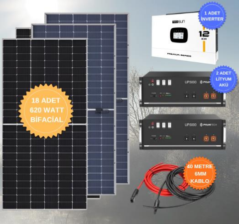 Mexxsun 12kW Premium 48V İnverter + UP5000 Lityum Batarya + Alfa 620W Bifacial Güneş Paneli Solar Paket