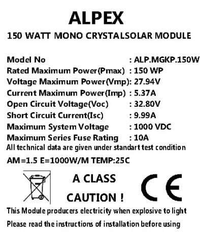 150 WATT MONOKRİSTAL GÜNEŞ PANELİ